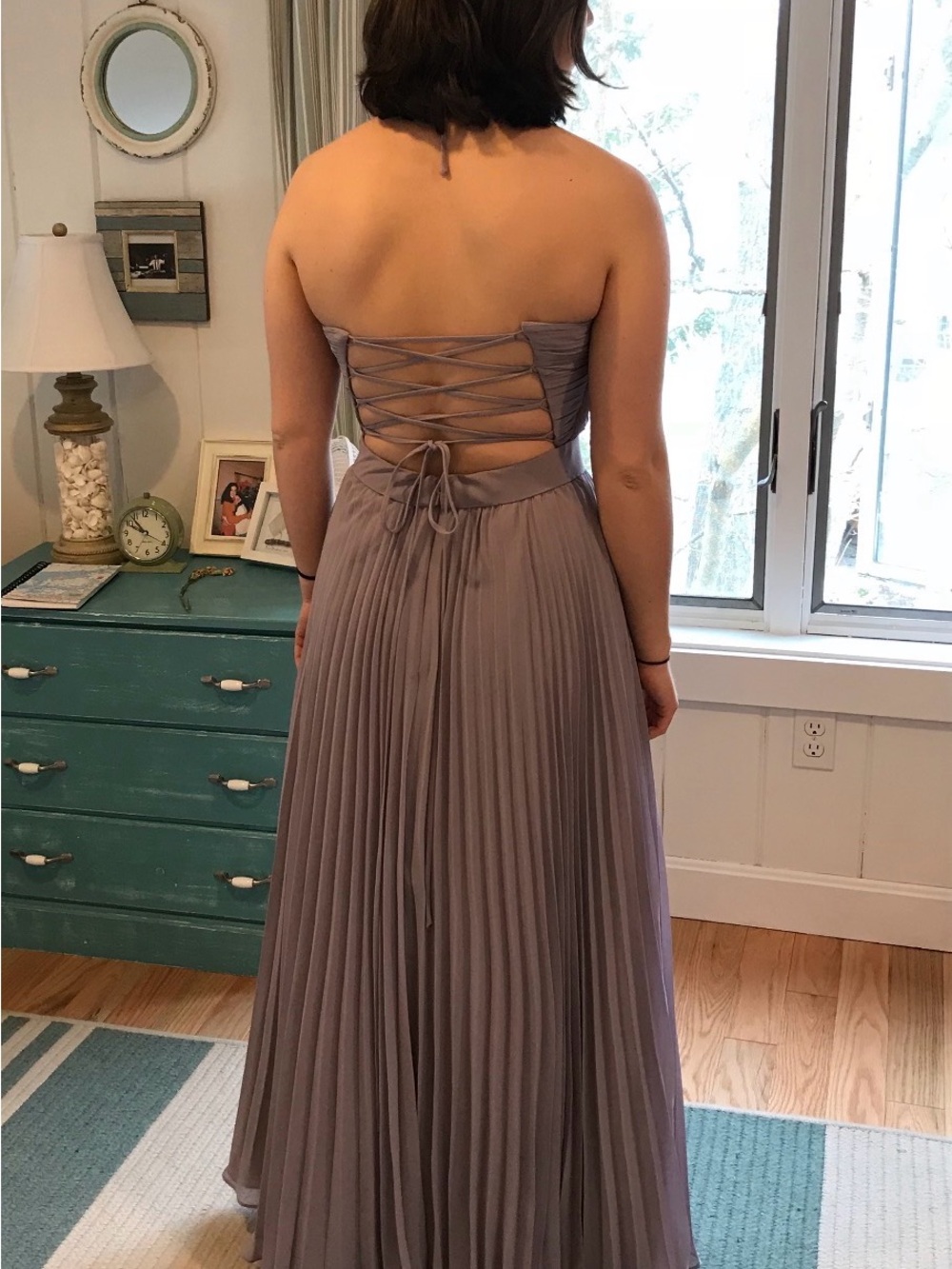 Camille La Vie Lilac Gray Spaghetti-Strap Pleated Chiffon Gown - Picture 4 of 4